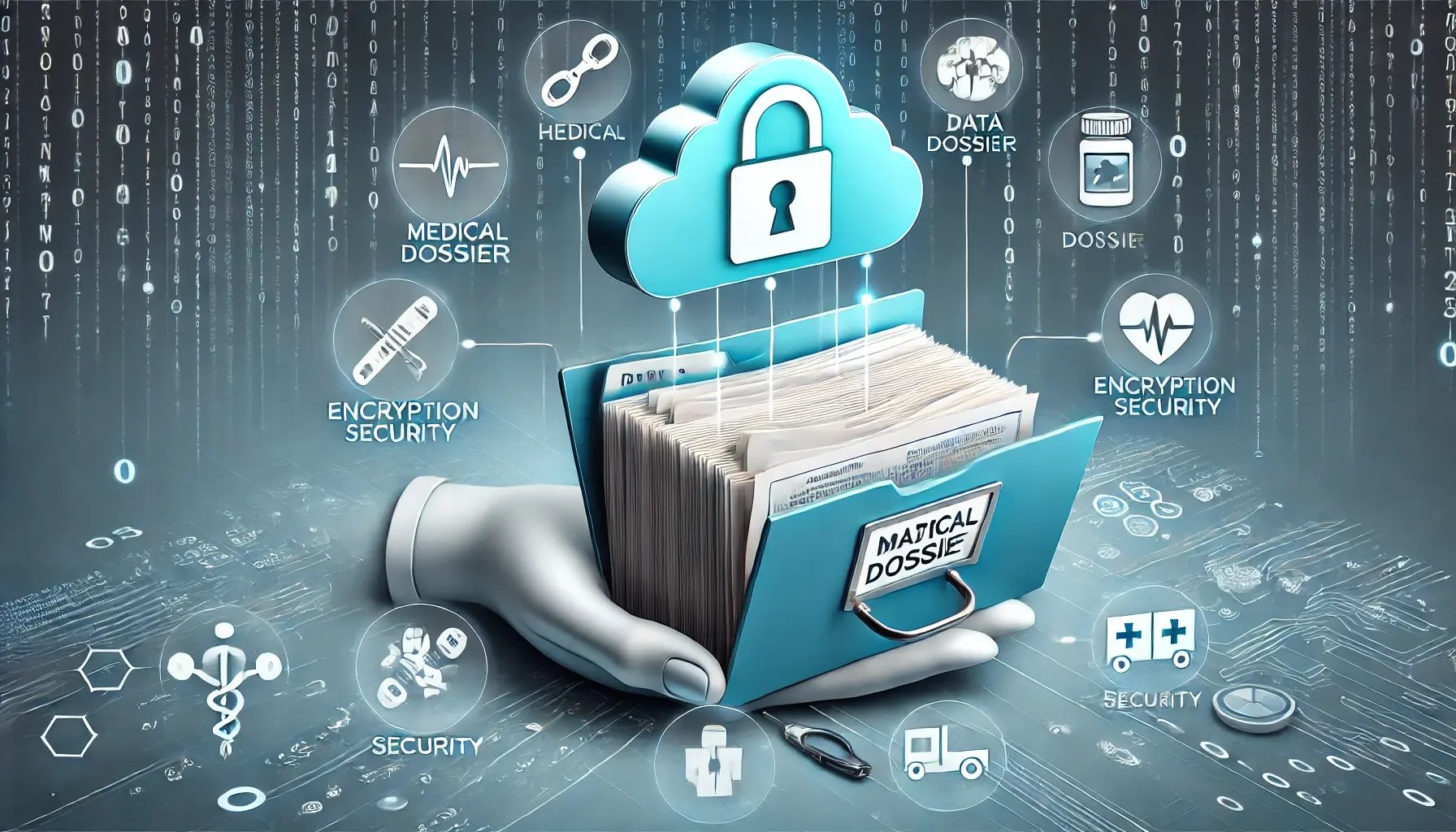 DALL·E 2024-10-22 06.41.47 - An illustration showing a medical dossier securely stored in the cloud with encryption icons, symbolizing data security in a modern clinic